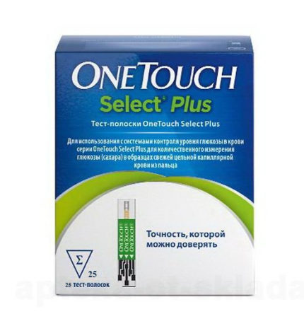 Тест-полоски для глюкометра «ВанТач Селект Плюс» (OneTouch Select Plus) 25 штук